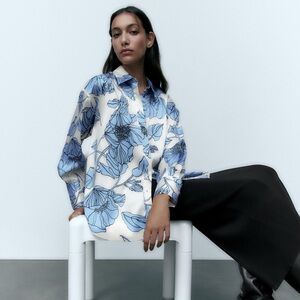 Zara Ecru blue Floral Print Shirt